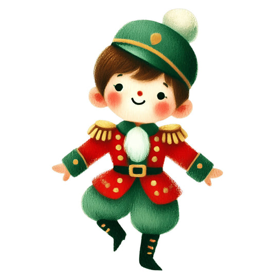 forest green, red, gold, cream, white, brown, whimsical, vintage, holiday, christmas, nutcracker, soldier, marching band, festive, cheerful, cute, children, kids, storybook, illustrated, character, decorative, seasonal, winter, retro, playful, jovial, traditional