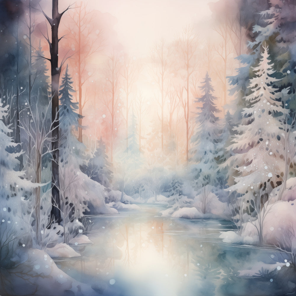 winter landscape, snowy forest, frozen river, evergreen trees, pine trees, bare trees, snow-covered, icy blue, soft white, pale pink, blush tone, dusty rose, misty, foggy, winter scene, peaceful, serene, nature, woodland, forest, holiday, christmas, winter, landscape, watercolor style, soft focus, ethereal, elegant, dreamy, scenic