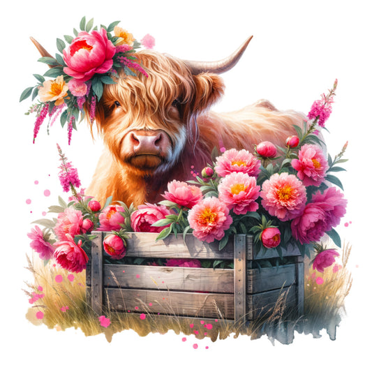 highland cattle, longhorn cow, botanical floral, pink peonies, coral flowers, rustic farmhouse, whimsical animals, nature inspired, spring flowers, garden theme, wooden crate, cream beige, burnt orange, hot pink, magenta, yellow ochre, boho chic, cottage core, folk art style, floral wreath, wildflowers, decorative cow, pastoral scene, artistic watercolor, decorative panel, country charm, farm animals