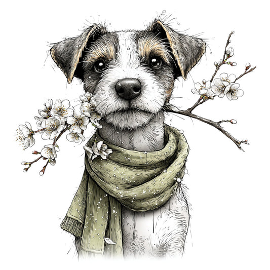 dog, puppy, terrier, jack russell, portrait, animal, nature, floral, white flowers, cherry blossoms, spring, botanical, watercolor, illustrated, whimsical, cute, adorable, pet, scarf, green scarf, cream white, sage green, neutral tones, ink sketch, hand drawn, artistic, elegant, vintage style, children's, baby