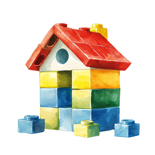 watercolor style, building blocks, toy blocks, red roof, yellow blocks, blue blocks, green blocks, orange blocks, children's toys, playful design, bright colors, house shape, construction toys, kids fabric, quilting panel, cotton panel, nursery theme, geometric shapes, colorful blocks, childhood toys