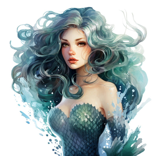 mermaid, ocean waves, teal hair, seafoam green, aqua blue, turquoise, coral lips, flowing curls, sea goddess, water splashes, scales, maritime fantasy, mythical creature, underwater theme, fabric panel, quilting cotton, ocean blues, swimming beauty, nautical art, watercolor style
