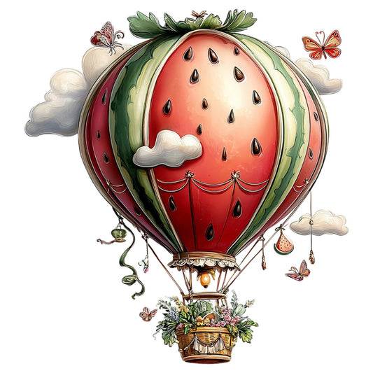 watermelon hot air balloon, coral red, sage green, cream, whimsical, vintage, botanical, butterflies, clouds, fruit, nature, summer, spring, children's, storybook, fantasy, celestial, floating, adventure, travel, hot air balloon, seeds, vines, decorative basket, flowers, playful, charming, dreamy