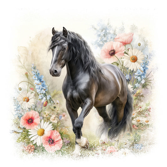 black horse, dark mane, flowing hair, wildflowers, daisies, poppies, coral flowers, blue flowers, white flowers, watercolor style, dreamy atmosphere, meadow scene, floral border, soft pastels, beige background, equestrian theme, fabric panel, quilting cotton, nature motif, botanical elements