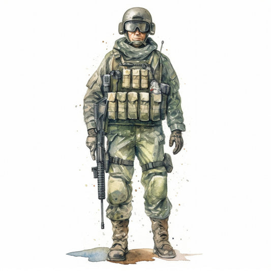 military, soldier, camouflage, tactical gear, combat, olive green, tan, khaki, beige, gray, brown, earthy tones, patriotic, armed forces, uniform, action themed, adventure, masculine, modern, realistic illustration, watercolor style, veteran, heroic, strength, courage, armed services, men's themed