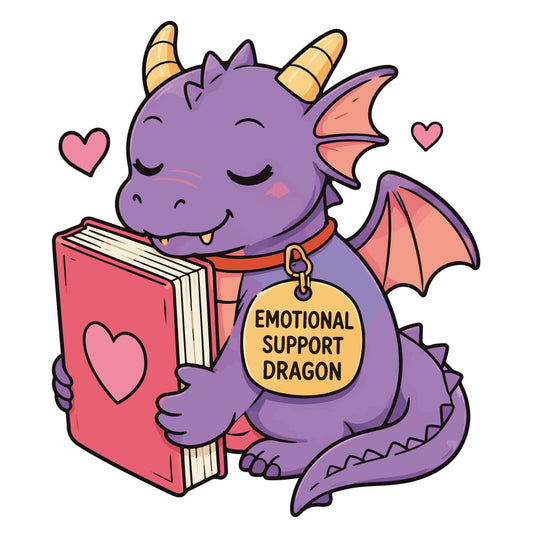 purple dragon, emotional support, cute dragon, fantasy animal, whimsical, children's, book lover, heart motif, coral pink, golden yellow, wings, horns, sweet expression, friendly character, inspirational, motivational, beginner reader, storybook theme, playful style, pastel colors, lavender purple, feel-good design, comfort theme, literary theme, kid-friendly, baby quilt, wall hanging, character panel, magical creatures, dragon lover