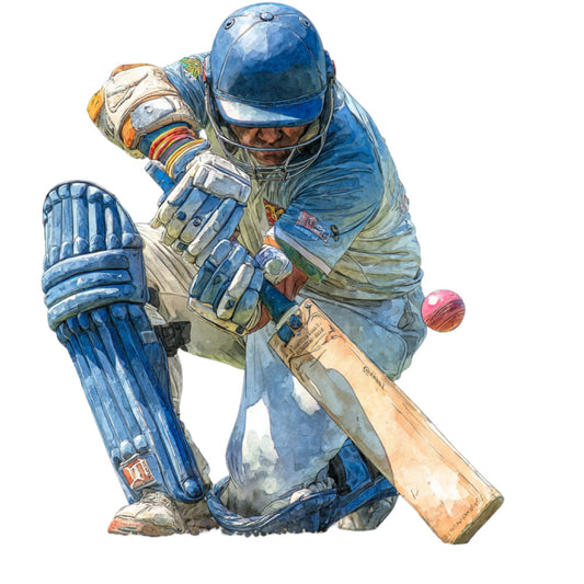 cricket, sports, batsman, blue, navy blue, cream, tan, beige, orange, red ball, british, vintage sports, athletic, masculine, action figure, illustration, watercolor, cricket player, batting, helmet, protective gear, pads, gloves, wooden bat, realistic, detailed, sports enthusiast, sporty, collectible, panel design
