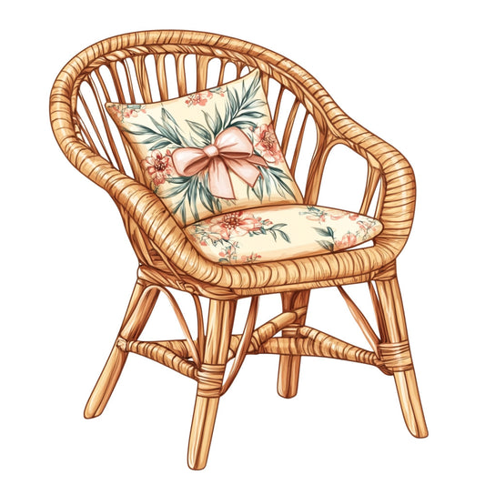 floral, cream, blush pink, sage green, coral pink, botanical, vintage, spring, nature, roses, leaves, bow, feminine, romantic, traditional, cottage core, garden, botanical print, peach, soft colors, elegant, delicate flowers, woven chair, home decor, upholstery, seat cushion, decorative pillow