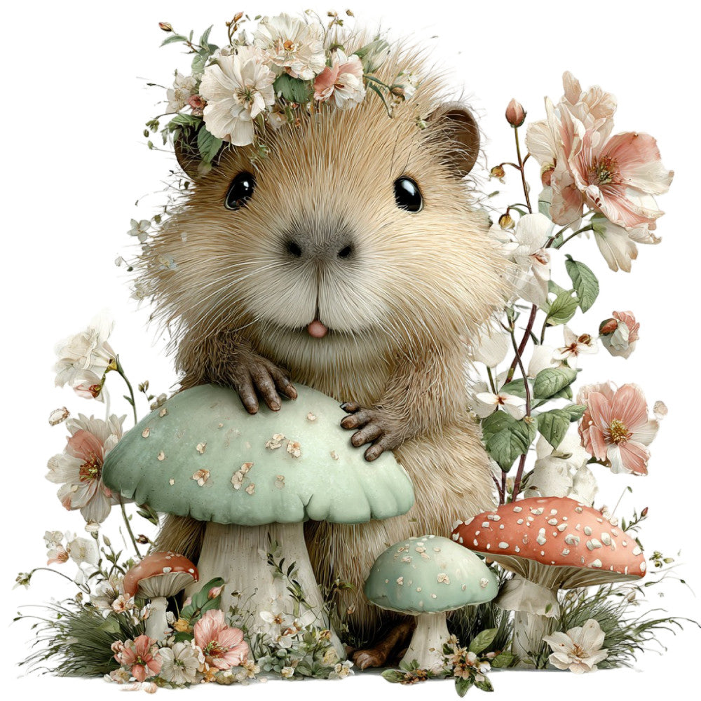cute animal, woodland creature, guinea pig, hamster, whimsical, nature, floral, daisy, wildflowers, mushroom, toadstool, cream, sage green, dusty rose, coral pink, soft pastels, vintage, botanical, spring, forest floor, garden, delicate, children, baby, storybook, fairy tale, enchanted forest, nursery, wall hanging, decorative panel