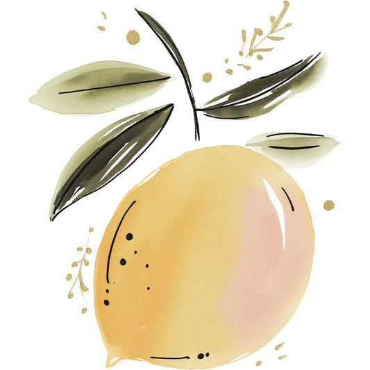 lemon yellow, sage green, soft pink, cream, botanical, nature, citrus fruit, lemon, leaves, branches, seeds, watercolor, modern, minimalist, elegant, whimsical, spring, summer, wall hanging, home decor, botanical illustration, line art, gold accents, contemporary, botanical prints, fruit motif, natural elements, artistic, delicate, feminine