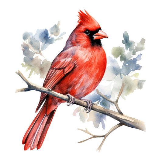 red cardinal, watercolor painting, bird illustration, bright red, black mask, orange beak, tree branch, blue-gray foliage, nature scene, wildlife art, fabric panel, quilting cotton, songbird, feathered crest, perched bird, soft watercolors, botanical background, crimson plumage, avian artwork, cotton panel