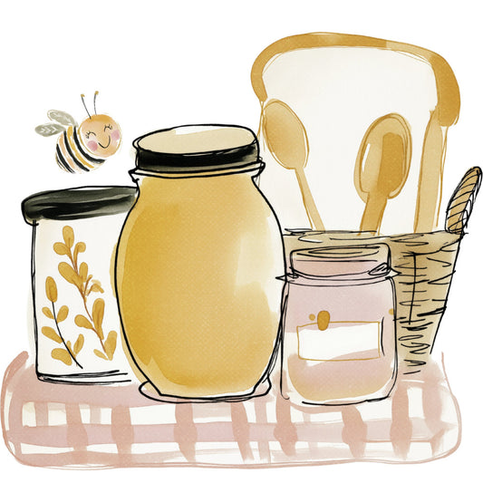 honey yellow, cream, soft pink, dusty rose, black, wheat, golden yellow, bee, honeycomb, kitchen, farmhouse, rustic, whimsical, vintage, botanical, wheat stalks, bread, toast, honey jar, kitchen utensils, spoon, wooden chair, nature, cottage core, spring, summer, warm tones, hand-drawn, illustrated, sweet
