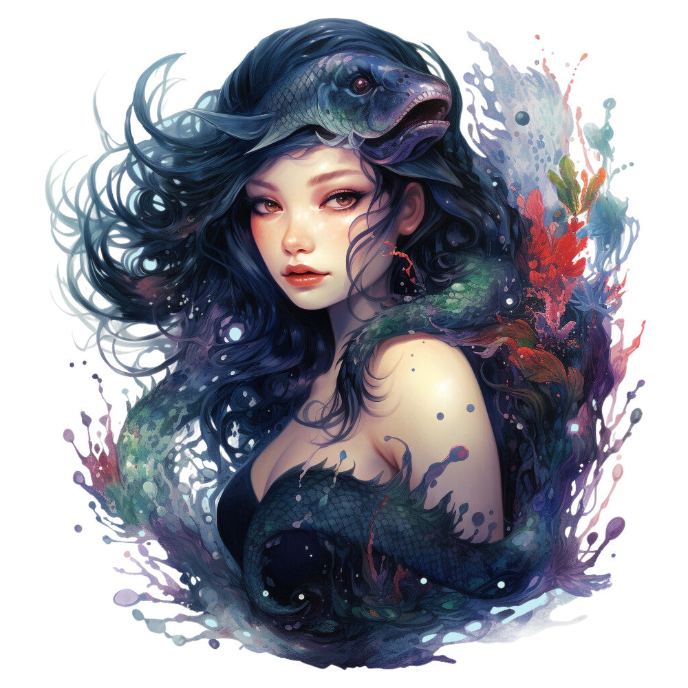 mermaid, fantasy art, ocean theme, navy blue, teal, coral red, purple, flowing hair, sea creature, fish companion, watercolor style, aquatic design, fabric panel, quilting cotton, mythical character, underwater scene, splashes, scales, ethereal mood, marine life