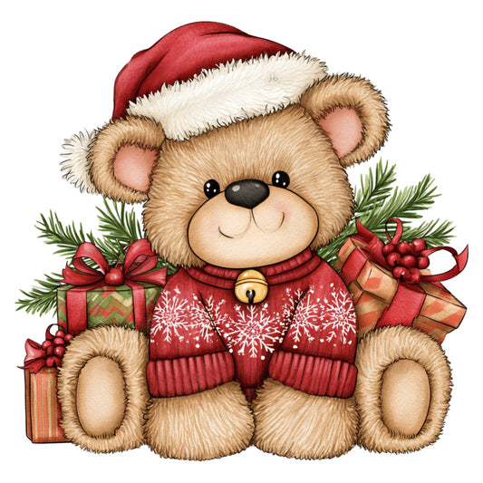 teddy bear, christmas, holiday, red, cream, tan, beige, pine green, gold, festive, whimsical, cute, gift boxes, ribbons, snowflakes, winter, seasonal, children's, nursery, baby, traditional, cozy, sweet, stuffed animal, decorative, charming, vintage style, country, warm tones