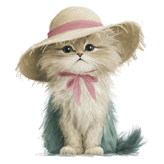 cream cat, dusty rose pink, soft blue green, whimsical animals, cute cat, straw hat, ribbon bow, fluffy kitten, pastel colors, vintage style, elegant cat, sophisticated animals, children's illustration, nursery theme, baby fabric, sweet animals, feminine style, decorative hat, charming motifs, soft pastels, illustration art, adorable pets, cottage core, romantic style, spring colors, soft neutral tones, character panel, portrait design