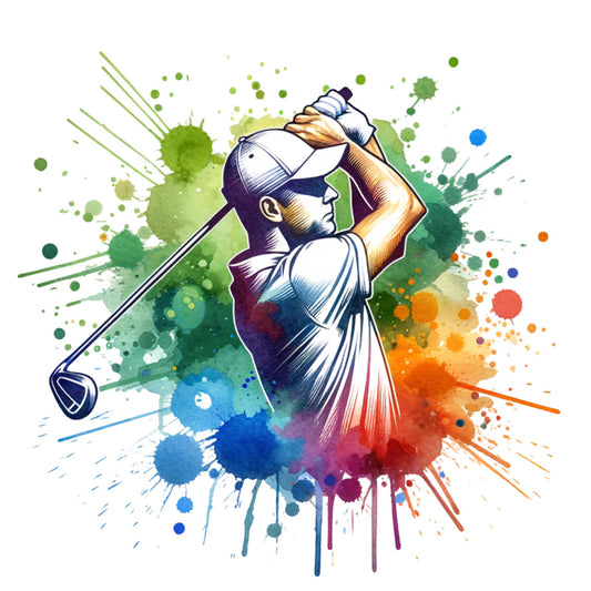 watercolor, golf, golfer, sports, fabric panel, green, blue, orange, purple, paint splashes, athletic, vibrant colors, golf swing, recreation, cotton quilting, craft panel, colorful artwork, modern art style, golf club, outdoor sports