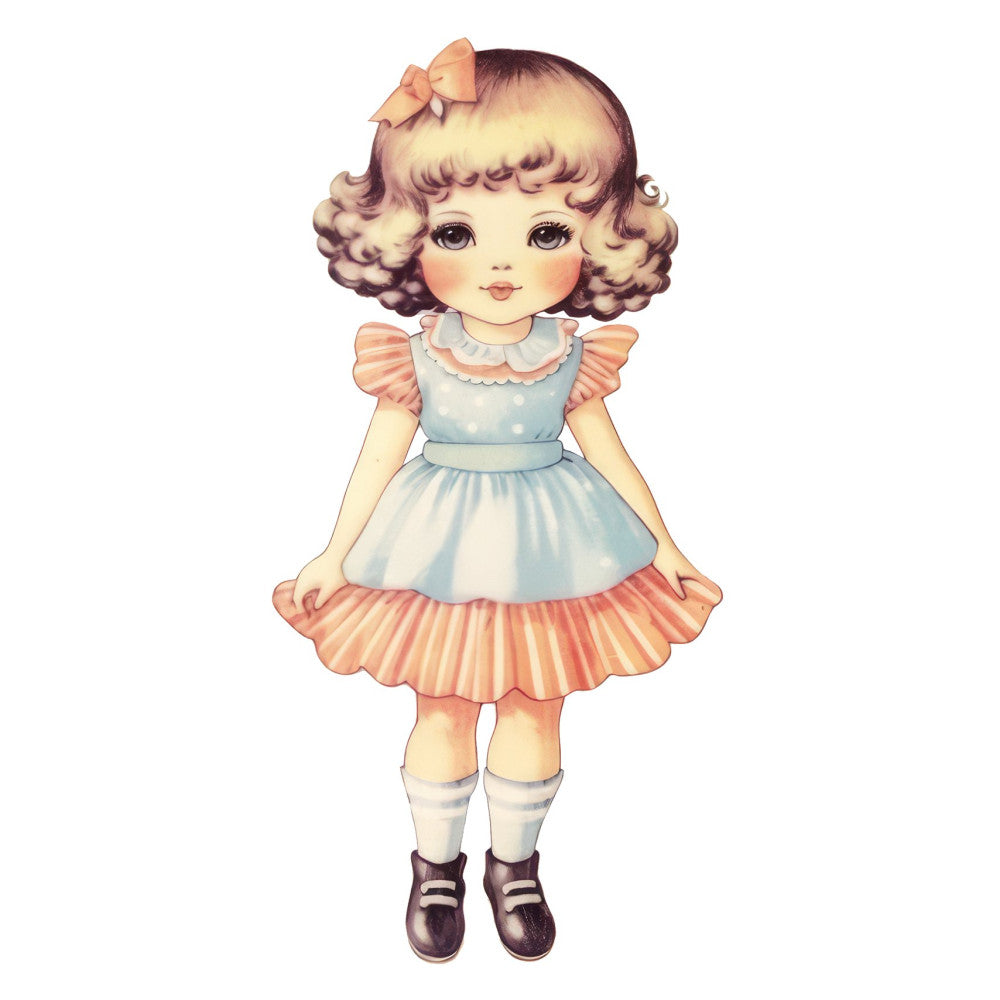 vintage doll, retro girl, peach, blush pink, cream, light blue, pale blue, brown, doll face, character panel, nostalgic, whimsical, sweet, cute, children's, baby girl, classic, traditional, 1950s style, illustrated, portrait, ruffled dress, ribbon bow, mary jane shoes, socks, collectible doll, nostalgic children, vintage fashion, precious moments, timeless