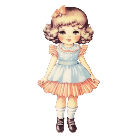 vintage doll, retro girl, peach, blush pink, cream, light blue, pale blue, brown, doll face, character panel, nostalgic, whimsical, sweet, cute, children's, baby girl, classic, traditional, 1950s style, illustrated, portrait, ruffled dress, ribbon bow, mary jane shoes, socks, collectible doll, nostalgic children, vintage fashion, precious moments, timeless