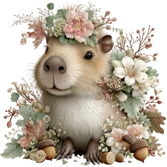 capybara, woodland animals, cute animals, floral, botanical, nature, whimsical, soft colors, cream, beige, tan, dusty rose, pale pink, sage green, muted tones, vintage style, rustic, gentle, sweet, children's, baby, autumn florals, dried flowers, leaves, acorns, natural elements, peaceful, delicate, charming