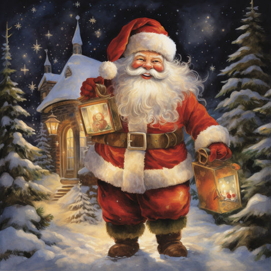 santa claus, christmas scene, winter landscape, snow covered trees, church steeple, starry night sky, red santa suit, white beard, lanterns, golden light, evergreen trees, snowy ground, fabric panel, quilting cotton, holiday themed, festive imagery, warm glow, christmas spirit, winter wonderland, decorative panel