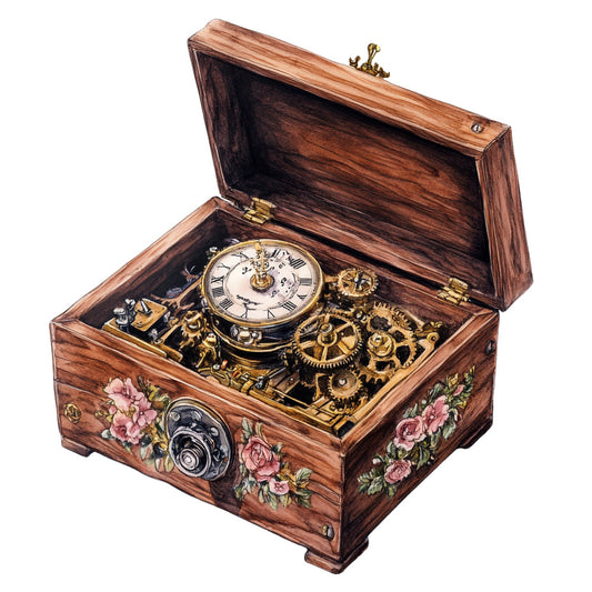 vintage steampunk, wooden box, brass gears, clock face, rose pink, mauve pink, deep brown, rich wood tones, floral, roses, botanical, gears, clock mechanism, steampunk aesthetic, vintage inspired, antique, ornate, elegant, whimsical, victorian, decorative box, mechanical, timepiece, romantic, botanical florals, pink roses, green leaves, brass accents, decorative arts