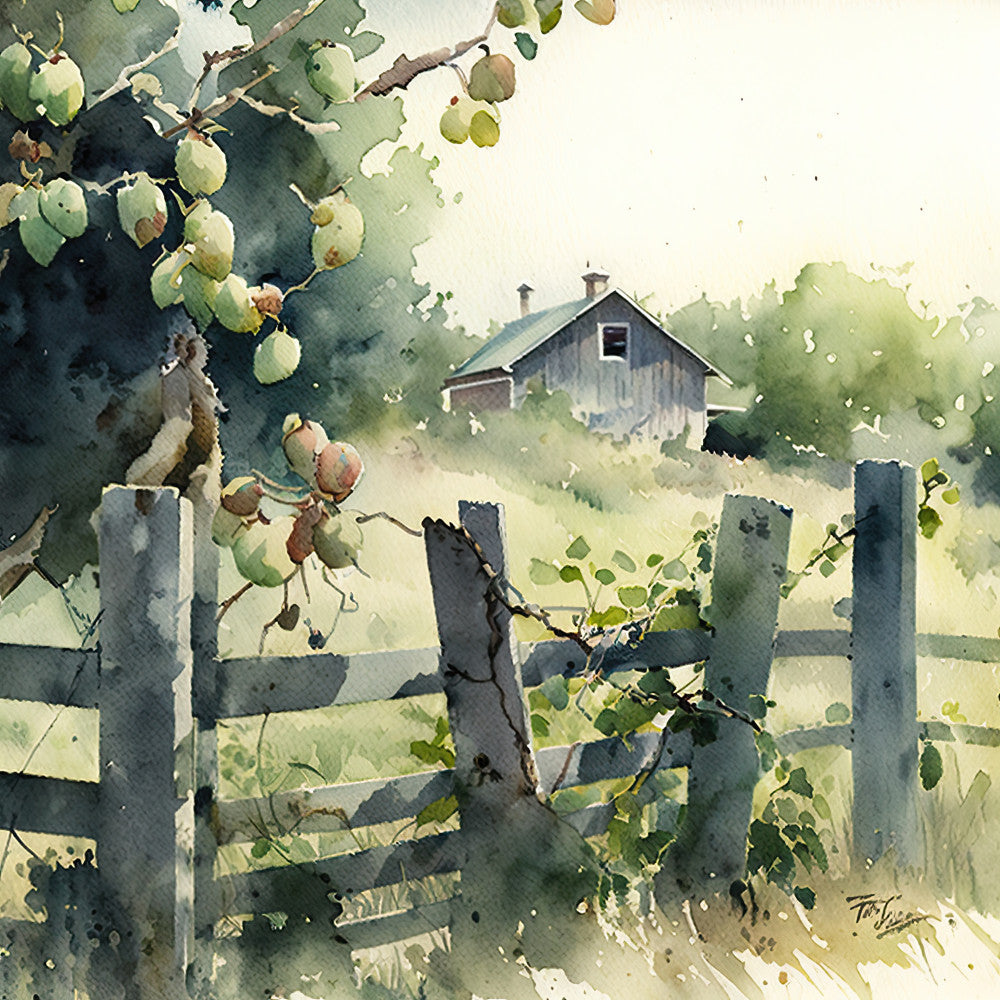 farmhouse, watercolor, barn, countryside, rural, vintage, rustic, sage green, gray, cream, natural, landscape, botanical, fence, gate, pear tree, fruit, nature scene, cottage core, pastoral, traditional, peaceful, serene, summer, spring, wall hanging, home decor, nature illustration, artistic