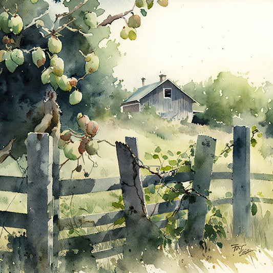 farmhouse, watercolor, barn, countryside, rural, vintage, rustic, sage green, gray, cream, natural, landscape, botanical, fence, gate, pear tree, fruit, nature scene, cottage core, pastoral, traditional, peaceful, serene, summer, spring, wall hanging, home decor, nature illustration, artistic