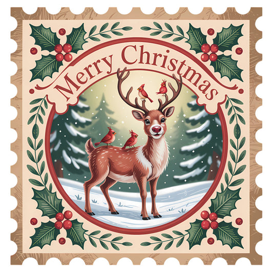 Vintage Christmas Stamps Fabric Panel 18 featuring a reindeer with birds, holly, and snowy pine trees in a festive design.