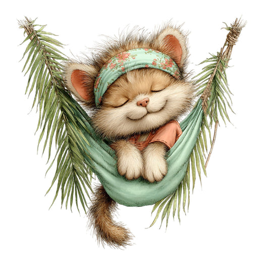cat, cute cat, relaxation, sleep, sleeping cat, hammock, whimsical, playful, sage green, mint green, coral pink, peach, cream, tan, brown, nature, woodland, garden, floral headband, tropical, peaceful, cozy, comfort, rest, whimsy, animal portrait, illustrative, children's, nursery, spring