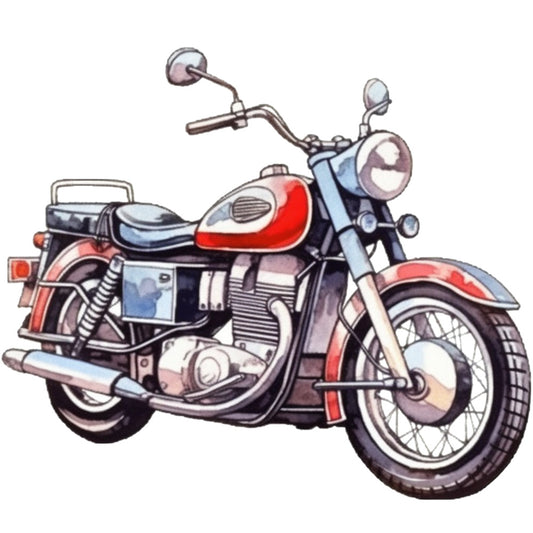 motorcycle, vintage bike, red, white, black, chrome details, transportation, retro styling, spoked wheels, handlebars, headlight, engine, exhaust pipes, fabric panel, quilting cotton, nostalgic, americana, mechanical, detailed illustration, cotton fabric