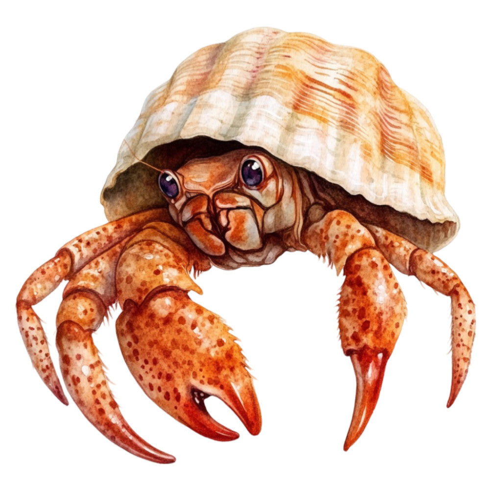 Watercolor Sea Shells Fabric Panel 16 featuring a detailed watercolor hermit crab in a seashell, printed on premium quilting cotton.