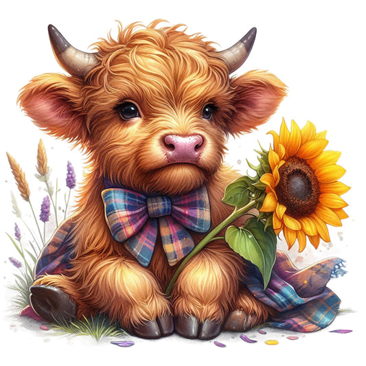 Rustic Sunflower Highland Cows Fabric Panel 24