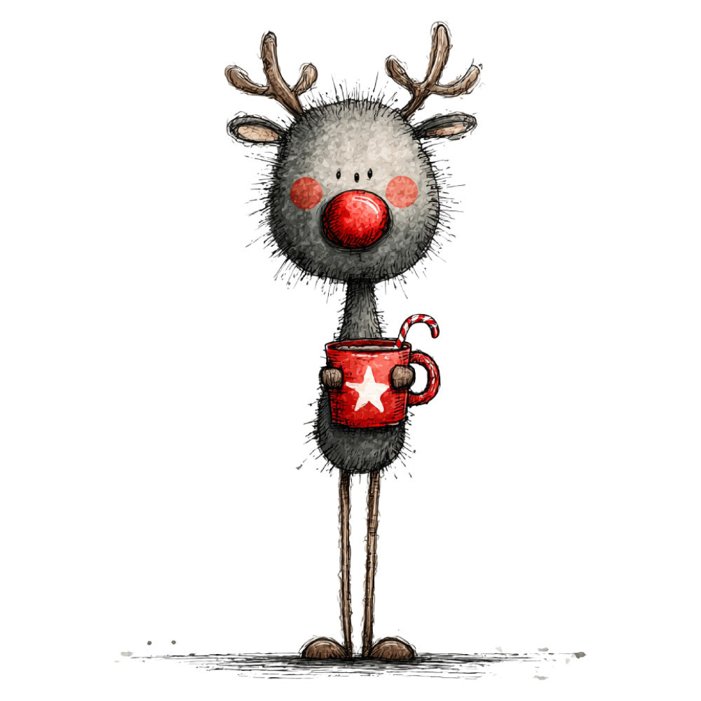 reindeer, rudolph, red nose, christmas, holiday, festive, whimsical, cute, charming, gray, red, white, star, candy cane, mug, hot cocoa, winter, children's, playful, illustration, cartoon style, animal, rustic, cozy, seasonal, gift, decoration, coffee mug, nordic