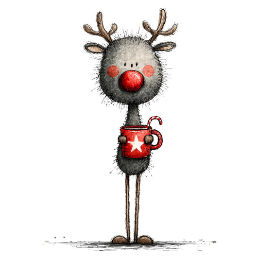 reindeer, rudolph, red nose, christmas, holiday, festive, whimsical, cute, charming, gray, red, white, star, candy cane, mug, hot cocoa, winter, children's, playful, illustration, cartoon style, animal, rustic, cozy, seasonal, gift, decoration, coffee mug, nordic