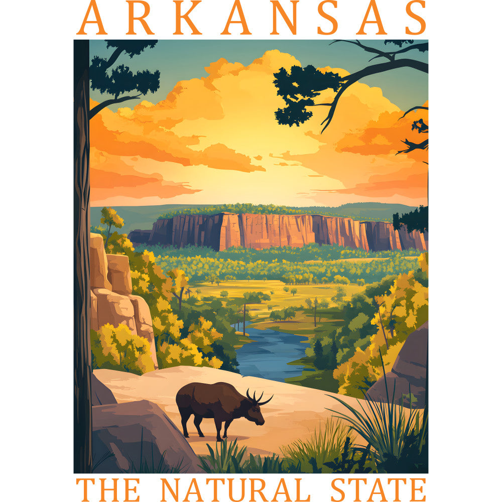 orange, yellow, green, blue, arkansas, buffalo, bison, cliffs, river, landscape, sunset, trees, rocks, wilderness, nature scene, fabric panel, quilting cotton, vintage poster style, scenic vista, autumn colors, southwestern, national park