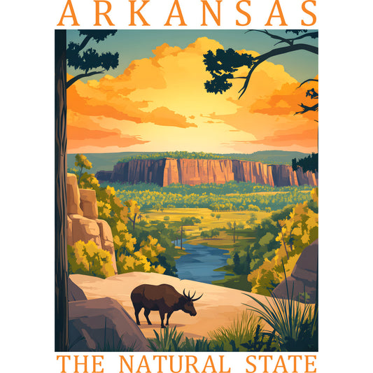 orange, yellow, green, blue, arkansas, buffalo, bison, cliffs, river, landscape, sunset, trees, rocks, wilderness, nature scene, fabric panel, quilting cotton, vintage poster style, scenic vista, autumn colors, southwestern, national park