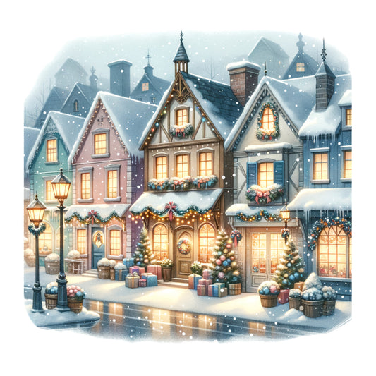 winter village, christmas, holiday, snow, snowy, festive, Victorian, cottage, town square, nostalgic, vintage, whimsical, charming, storybook, warm white, cream, soft blue, dusty blue, mauve, rose pink, warm gold, lanterns, wreaths, garland, decorated buildings, presents, gifts, cozy, enchanted, nostalgic holiday