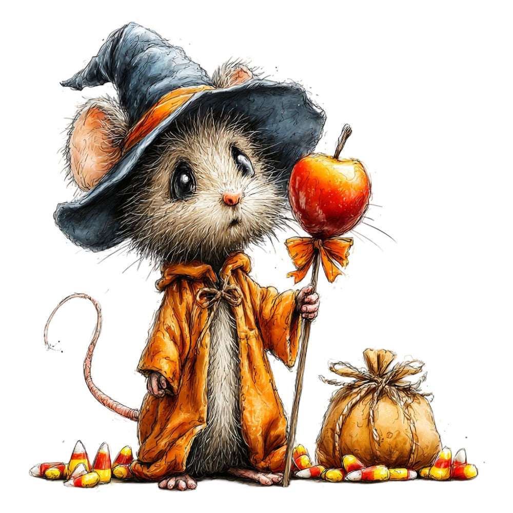 mouse, guinea pig, whimsical, autumn, fall, halloween, candy corn, apple, orange, gold, cream, navy blue, charcoal gray, red, harvest, woodland, storybook, children's, cute animals, festive, vintage, countryside, hat, costume, candy, seasonal, trick or treat, forest creatures, playful, illustration art