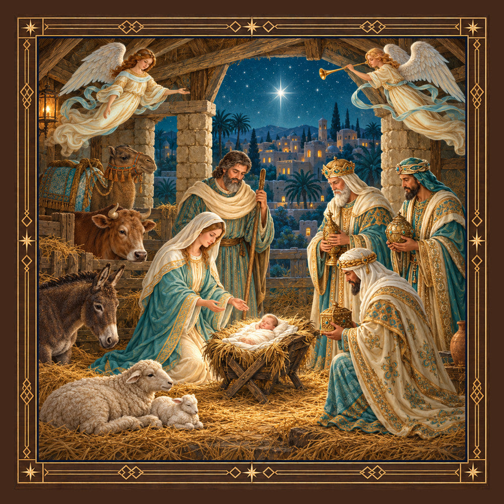 nativity, christmas, religious, spiritual, angels, wise men, manger scene, baby jesus, mary and joseph, gold accents, cream, ivory, teal blue, midnight blue, celestial, star of bethlehem, nativity scene, traditional, elegant, holiday, christmas religious, animals, donkey, sheep, cow, lantern, middle eastern, bethlehem cityscape, ornate border, gold embellishments