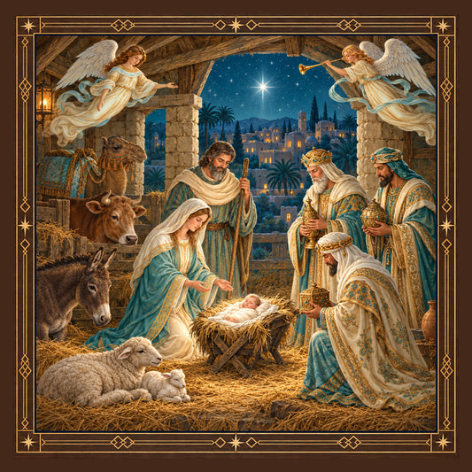 nativity, christmas, religious, spiritual, angels, wise men, manger scene, baby jesus, mary and joseph, gold accents, cream, ivory, teal blue, midnight blue, celestial, star of bethlehem, nativity scene, traditional, elegant, holiday, christmas religious, animals, donkey, sheep, cow, lantern, middle eastern, bethlehem cityscape, ornate border, gold embellishments