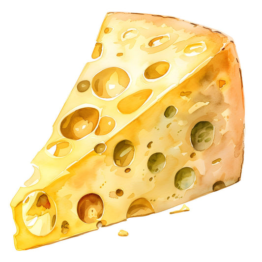 cheese, yellow, golden yellow, cream, butter yellow, tan, brown, holes, swiss cheese, food, novelty, whimsical, playful, cute, kitchen, children's, kids, fun, humorous, quirky, comfort food, deli, gourmet, cheese wedge, spotted, circular holes, modern whimsical, casual, lighthearted, food theme