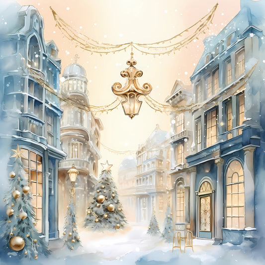 Light Blue and Gold Christmas Fabric Panel 10