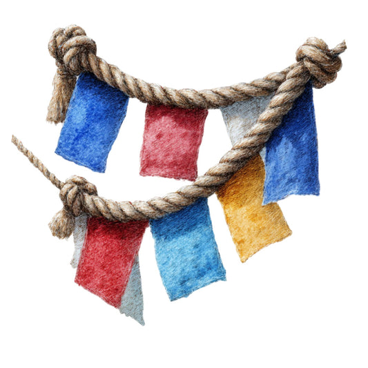 rope bunting, nautical, patriotic, red white blue, festive bunting, pennant flags, rustic rope, celebration, party decoration, bright blue, vibrant red, golden yellow, gray, multi-color, whimsical, coastal, maritime, vintage, banner, garland, knotted rope, textile flags, playful, children's decor, summer, holiday bunting, decorative flags, festive design