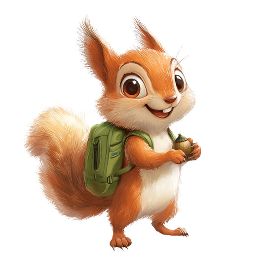 orange squirrel, red squirrel, cartoon character, anthropomorphic animal, green backpack, acorn, cute animal, children's illustration, digital art, whimsical design, woodland creature, forest animal, bushy tail, fabric panel, quilting cotton, nature theme, kids decor, bright colors, cheerful mood, autumn colors