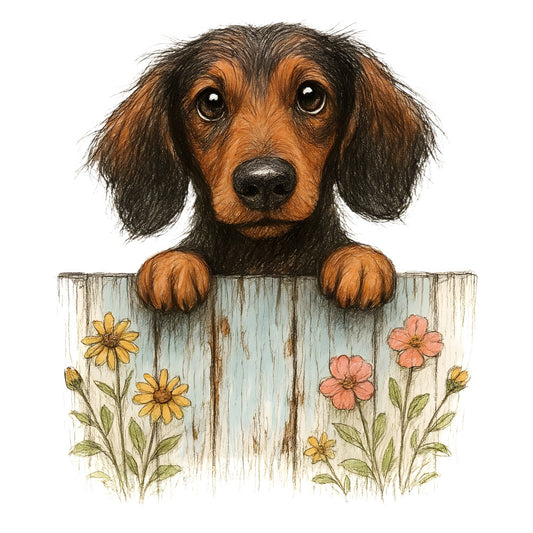 dog, dachshund, long-haired dachshund, animal portrait, puppy, pet, flowers, floral, yellow flowers, pink flowers, daisies, rustic, farmhouse, cottage, wooden fence, whimsical, illustrated, charming, spring, summer, garden, nature, sweet, adorable, kids, children, vintage style, distressed wood, pastoral, country