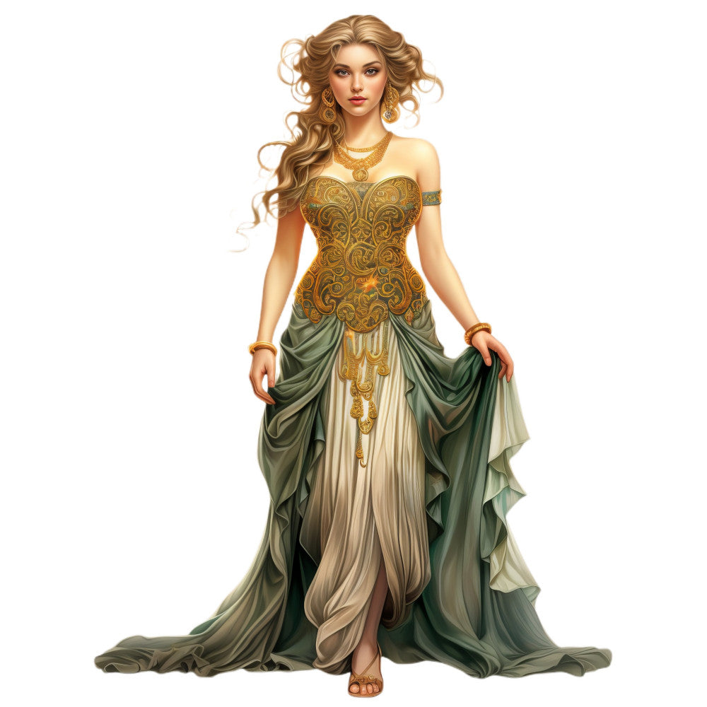 gold ornate, sage green, cream, elegant, fantasy, goddess, classical, corset bodice, draped skirt, ornamental patterns, scrollwork, historical, costume, luxe, sophisticated, vintage inspired, evening gown, decorative embellishment, flowing fabric, formal wear, romantic, ethereal, bronze accents, nature inspired, regal, timeless, gallery art style, portrait panel