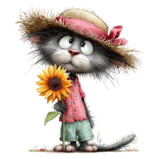 whimsical cat, adorable animals, character panel, straw hat, pink ribbon, sunflower, yellow flower, dusty rose, sage green, tan straw, black and white cat, folk art, children's illustration, charming animals, spring theme, garden flowers, cottage core, playful style, animal characters, nature lover, sweet nursery, decorative panel, floral accent, rustic farmhouse, vintage inspired, illustration style, cute pets, decorative art