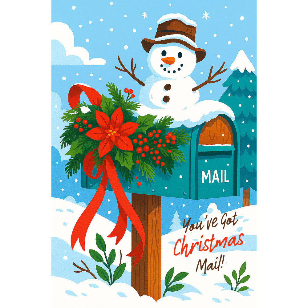 christmas fabric panel, snowman, mailbox, winter scene, red poinsettia, green wreath, brown hat, orange carrot nose, stick arms, snowy background, pine trees, red berries, red ribbon bow, blue sky, white clouds, falling snow, quilting cotton, holiday crafting, festive colors, winter wonderland