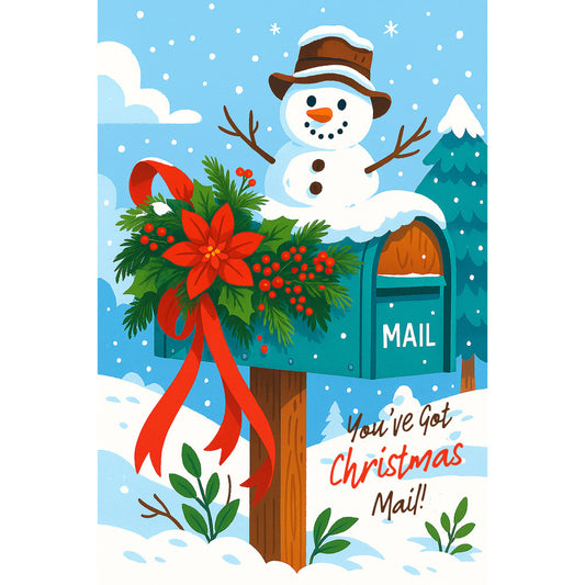 christmas fabric panel, snowman, mailbox, winter scene, red poinsettia, green wreath, brown hat, orange carrot nose, stick arms, snowy background, pine trees, red berries, red ribbon bow, blue sky, white clouds, falling snow, quilting cotton, holiday crafting, festive colors, winter wonderland