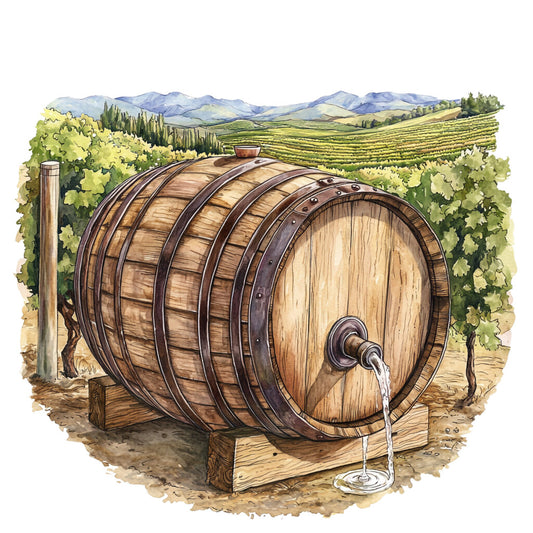 bourbon barrel, wine cask, vineyard landscape, rolling hills, grapevines, wooden barrel, spigot, wine glass, earth tones, brown, green, beige, purple mountains, rustic illustration, watercolor style, fabric panel, quilting cotton, wine country, pastoral scene, detailed artwork